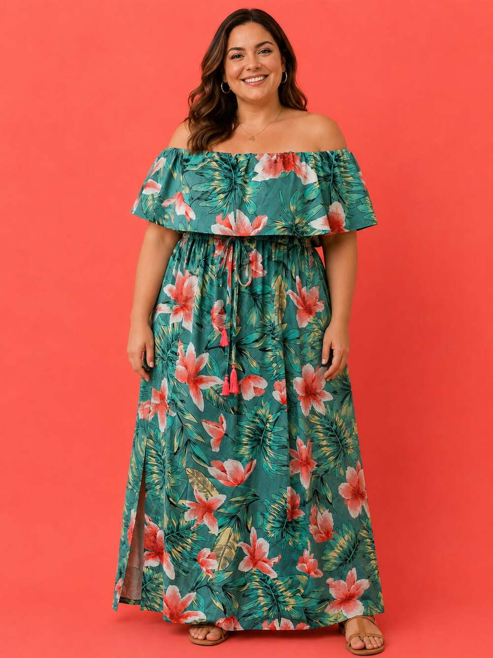 NXH Tropical Floral Print Off-the-Shoulder Flounce Maxi Dress